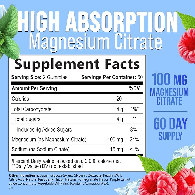 Magnesium Citrate Supplement Gummies - High Absorption Magnesium Gummy for Adults & Kids, Magnesio Citrate Supplements for Bone, Muscle Health, Heart Support, Vegan, Gluten Free, Non-GMO - 120 Gummies