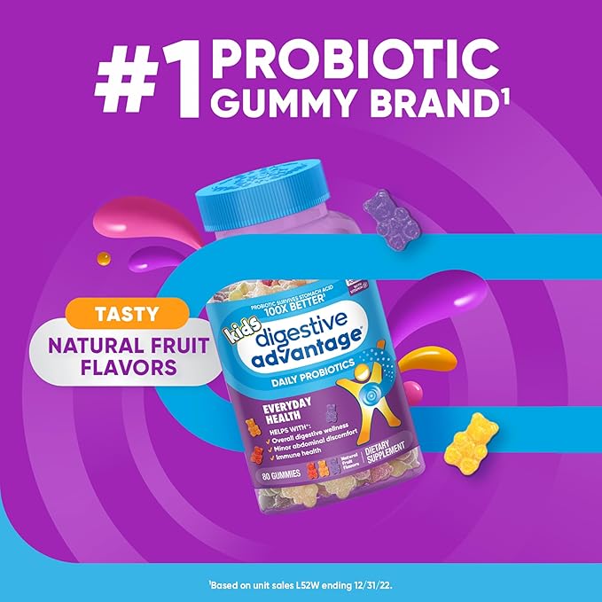 Digestive Advantage Daily Probiotic Gummy for Kids, Multi, Natural Fruit Flavours, 80.0 Count