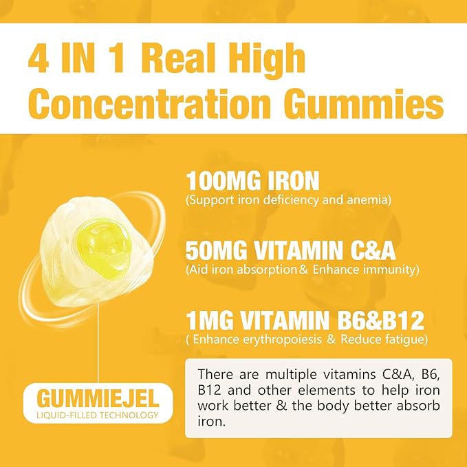 1 Pack 100MG Iron Supplement Gummies for Women & Men - with Vitamin A, C, B - Energy Support for Iron Deficiency, Anemia, Adults ＆ Children, Pineapple Flavor Gummy, 60ct