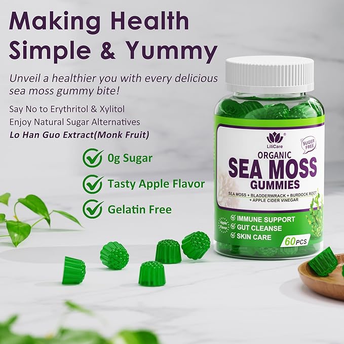 Sea Moss Gummies - Irish Sea Moss Gummies for Adults & Kids - Advanced Superfood Seamoss Supplement with Organic Bladderwrack & Burdock Root Extract，ACV for Daily Immune, Gut Cleanse, Vegan, 60 Counts