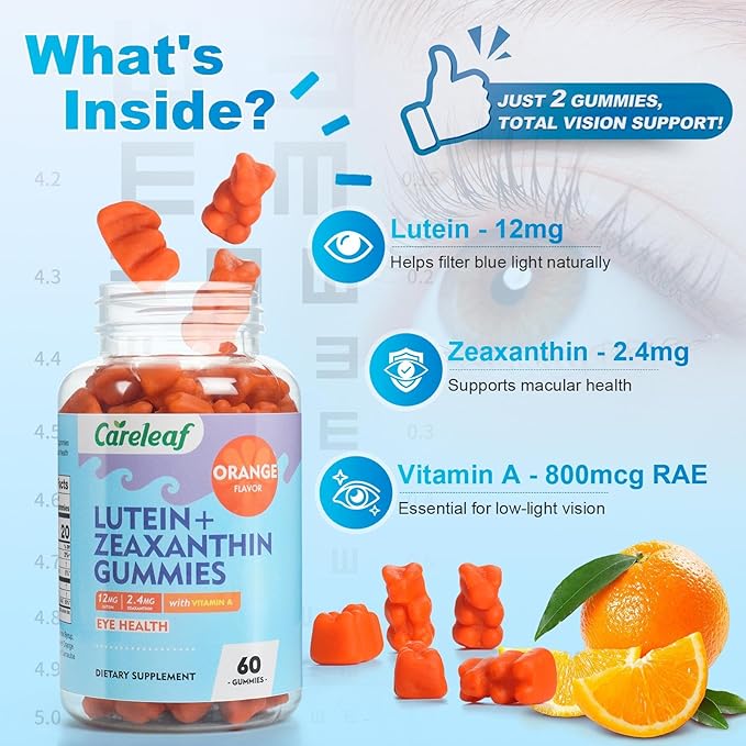 Vegan Lutein Gummies 12mg with Zeaxanthin and Vitamin A for Kids and Adults for Eye Health and Brain Function Supplement Orange Flavor