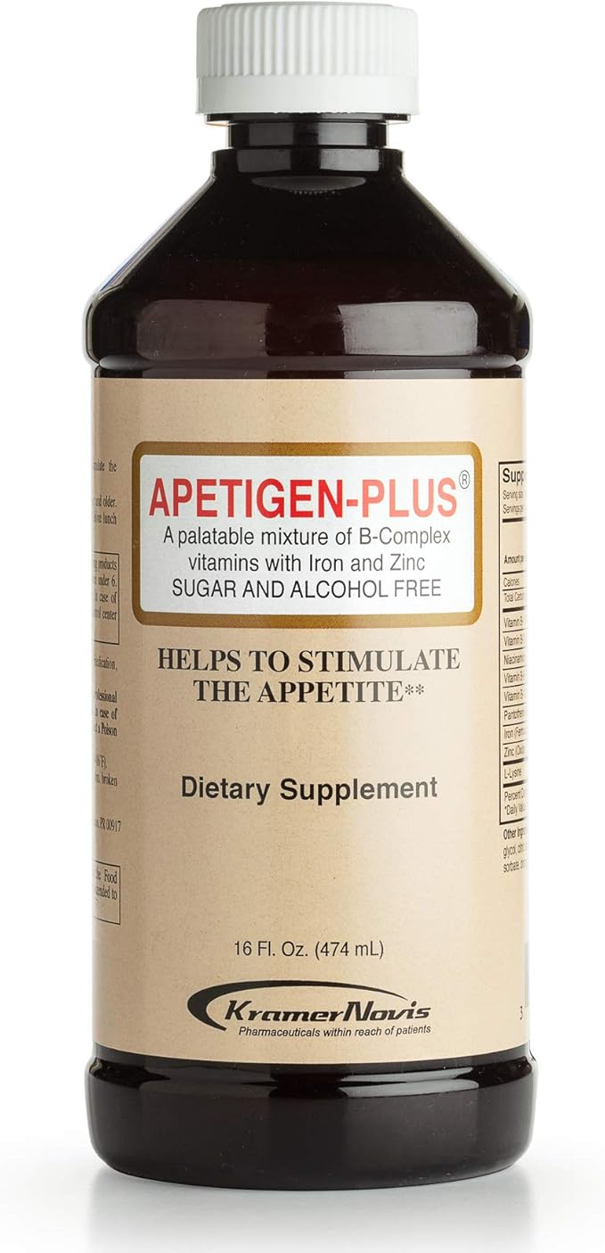 Apetigen-Plus® Vitamin B1, B2, B3, B5, B6, B12, Zinc, Iron, L-Lysine Liquid Supplement, Appetite Weight Gain Stimulant for underweight Kids and Adults, Sugar-Free, No Fish Oil, Orange-Flavored, 16oz