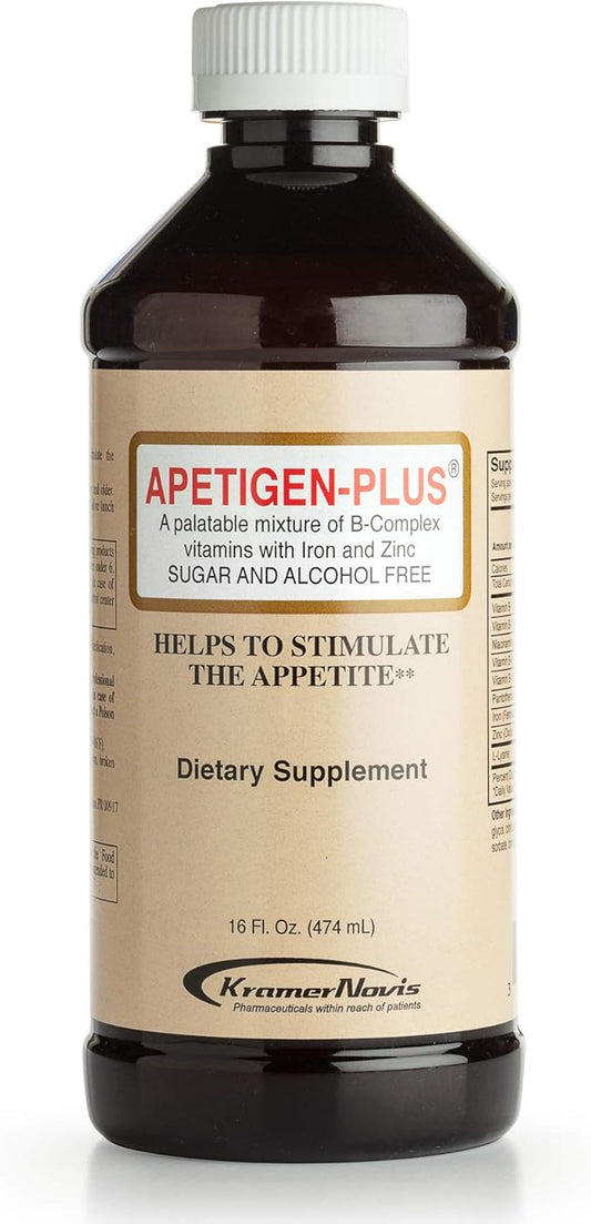 Apetigen-Plus® Vitamin B1, B2, B3, B5, B6, B12, Zinc, Iron, L-Lysine Liquid Supplement, Appetite Weight Gain Stimulant for underweight Kids and Adults, Sugar-Free, No Fish Oil, Orange-Flavored, 16oz