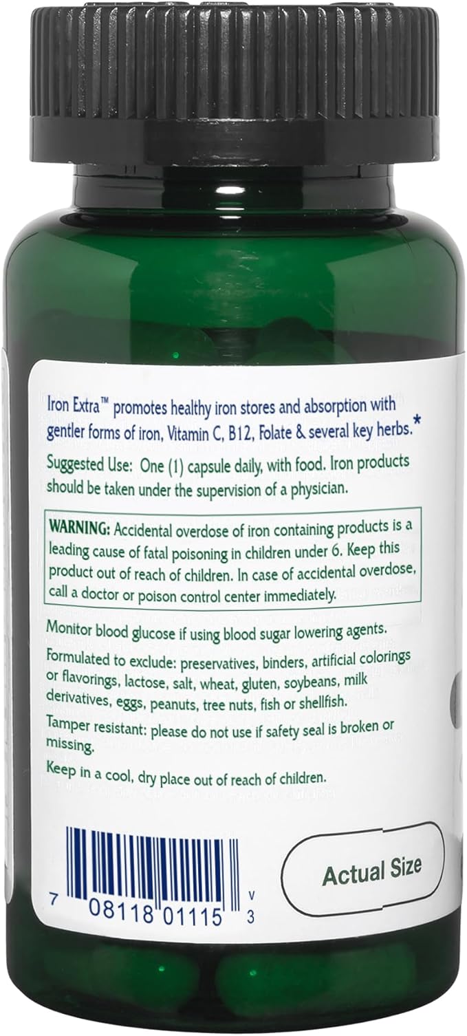 Vitanica Iron Extra, Iron Supplement Enhanced Absorption with Vitamin C 500mg, Methylfolate 400mcg, B12 Vitamin 500mcg, Calcium, Yellow Dock, Dandelion Root & Nettle Leaf Extract, Vegan, 60 Capsules