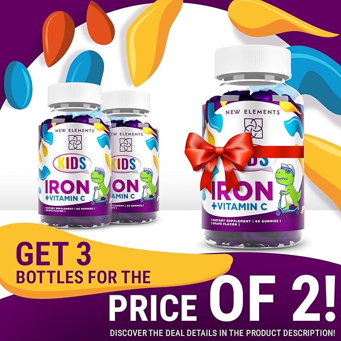 New Elements Iron Dinosaur Gummies for Kids with Vitamin C | Sugar-Free, Vegan, Gluten-Free & Non-GMO | Anemia Relief, Energy & Blood Health Support | Grape Flavor, Pectin-Based for Optimal Health