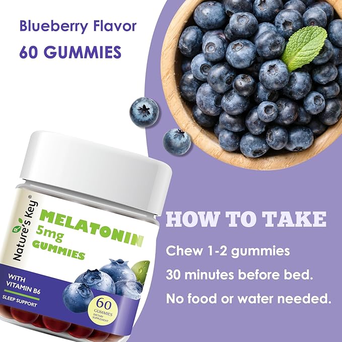 Nature's Key Melatonin Gummies for Kids & Adults, 5mg Dose Gummy with Vitamin B6, Non-GMO,Gluten-Free-Natural Blueberry Flavor 60 Count
