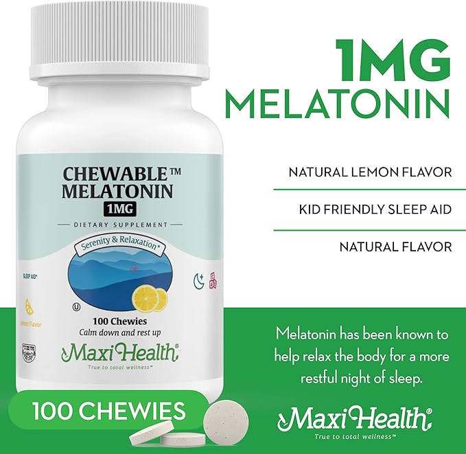 Maxi Health Chewable Melatonin, Kosher Lemon Flavor, Melatonin for Adults & Kids, Natural Aid for Adults & Children, Melatonin Chewables Alternative to Melatonin Gummies Kids Dose, (100 Count)