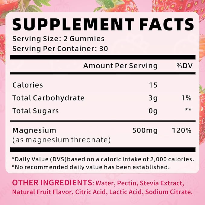 Magnesium L-Threonate Gummies 500mg, Suagr-Free Magnesium Threonate Supplement for Kids & Adults Muscle & Nervous Health Support, Strawberry Flavor 60 Count