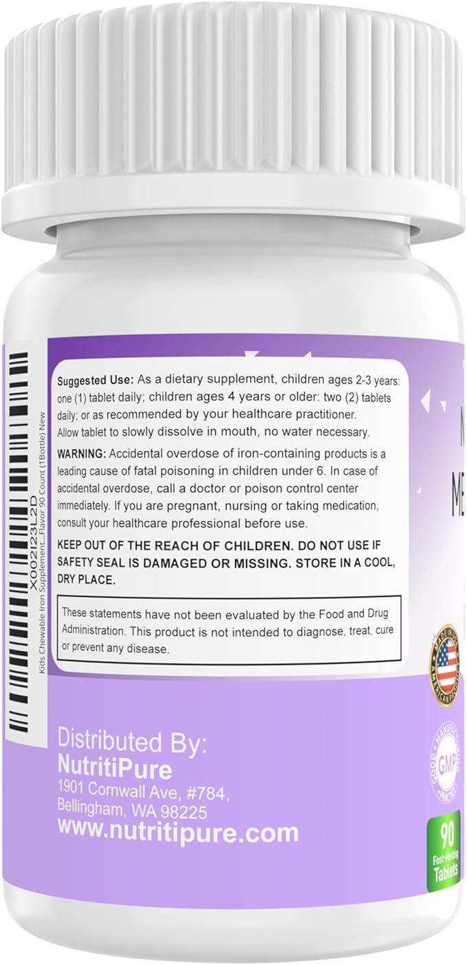 Kids Chewable Iron Supplement, Ferronyl® Carbonyl Iron 9 mg, Vitamin C 30 mg, Grape Flavor, 90 Tablets (1 Bottle)