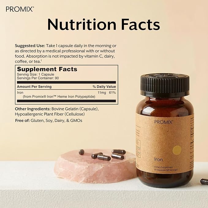 Promix Nutrition Heme Iron Supplement | Gut Friendly | 11mg polypeptide Formula - 90 Count