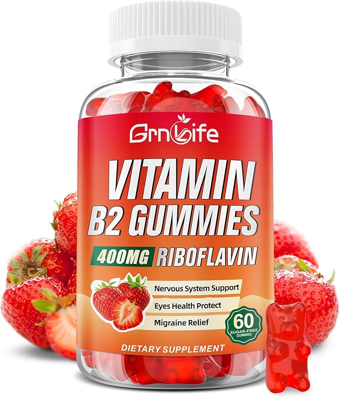 Vitamin B2 Gummies, Riboflavin 400mg with Magnesium for Kids & Adults, B2 Gummies for Migraine Relief & Energy Support, Strawberry Flavor, 60 Count