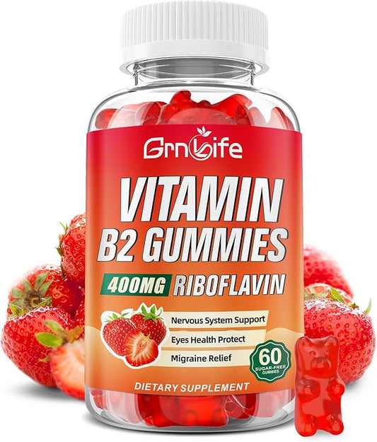 Vitamin B2 Gummies, Riboflavin 400mg with Magnesium for Kids & Adults, B2 Gummies for Migraine Relief & Energy Support, Strawberry Flavor, 60 Count