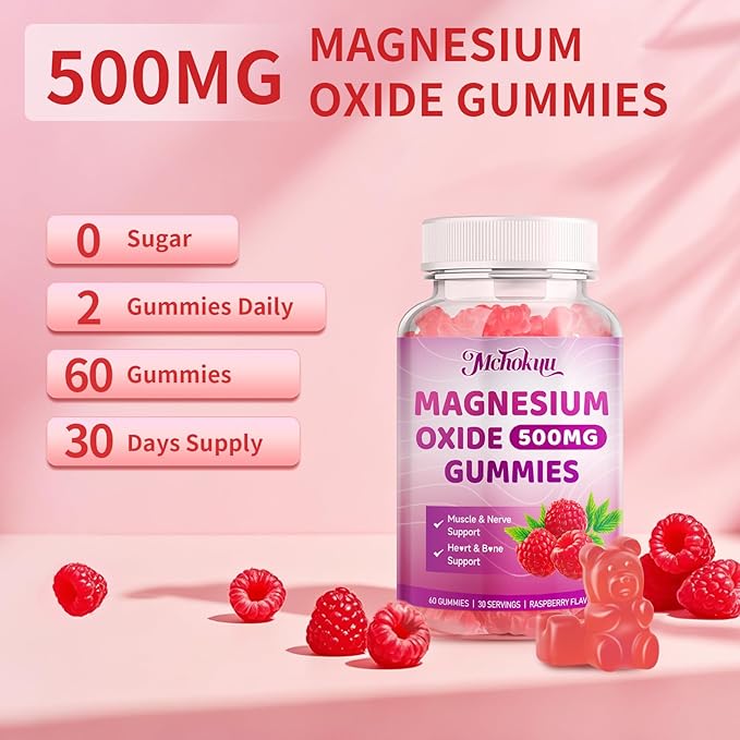 Magnesium Oxide Gummies 500mg, Sugar Free Chewable Magnesium Oxide Supplement for Adults & Kids, Nerve Support & Energy Boost, Non-GMO, Raspberry Flavor, 60 Count