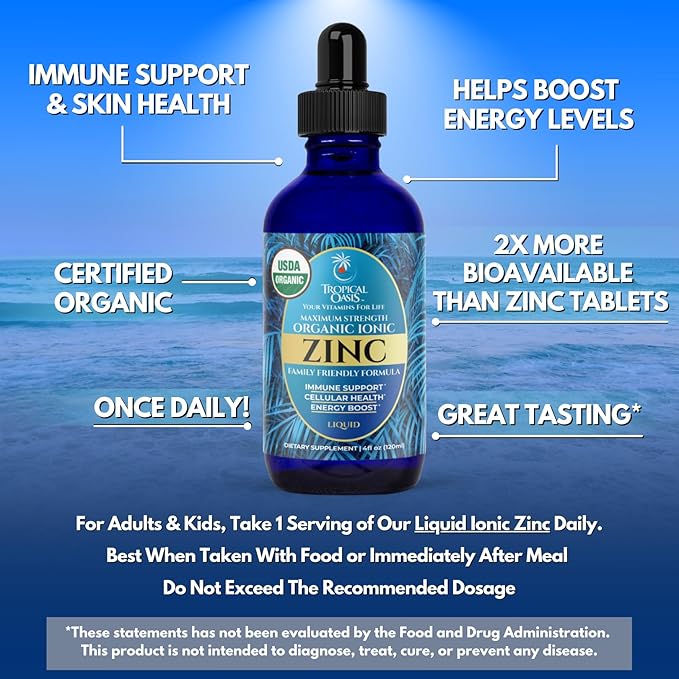 USDA Organic Ionic Zinc Droppers for Men, Women & Kids | Liquid Zinc Supplement Trace Mineral Formula | Immune Function | Skin Health | 98% Absorption | Sugar-Free, Vegan, Non-GMO | 4 Fl Oz