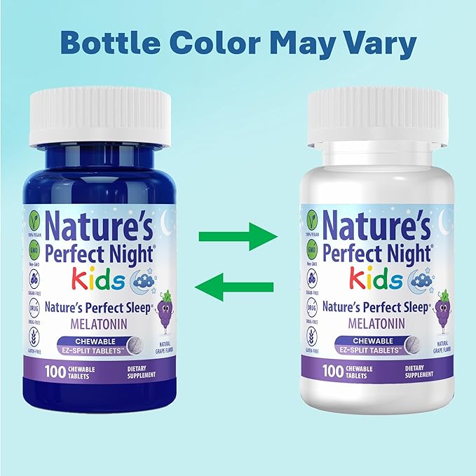 Nature's Perfect Night Kids | Kids Melatonin 1mg | 100 Chewable Tablets | Natural Grape Flavor | Sugar Free | Vegan | Gluten Free | Drug Free | Value Size