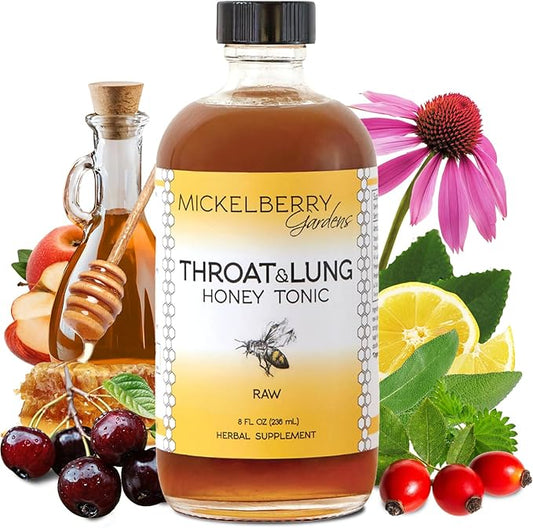 Mickelberry Gardens Throat & Lung Honey Tonic: Wellness Syrup, Natural Sore Throat Relief, Immune Support & Cough Suppressant for Adults & Kids (8 oz)