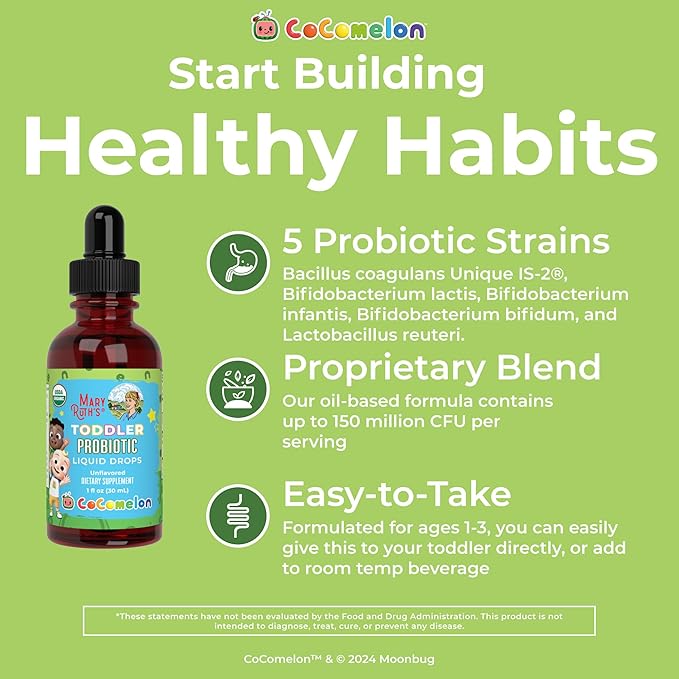 MaryRuth Organics Cocomelon Toddler Probiotic Liquid Drops | Kids Probiotics for Ages 1-3 | 5 Probiotic Strains | 150 Billion CFU Per Serving | USDA Organic | Sugar Free | Gluten Free | 1 Fl Oz