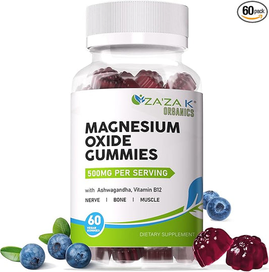 ZA'ZA K ORGANICS Magnesium Oxide Gummies, Magnesium Oxide 500mg with Ashwagandha & Vitamin B12 for Sleep, Nerve, Muscle, Bone & Heart Health, Magnesium Chewable Supplement for Adults Kids, Vegan, 60