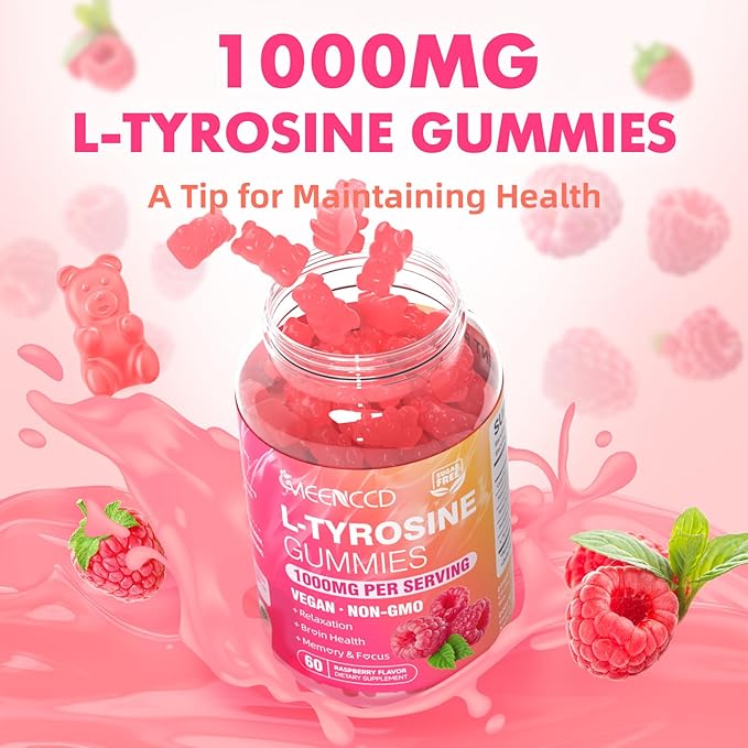 L-Tyrosine Gummies, 1000mg L-Tyrosine Supplement for Kids & Adults, Focus Gummies, Energy & Memory Support, Non-GMO, Sugar-Free, Raspberry Flavor, 60 Count