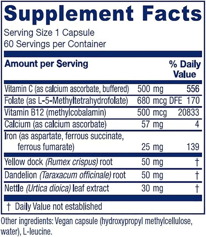 Vitanica Iron Extra, Iron Supplement Enhanced Absorption with Vitamin C 500mg, Methylfolate 400mcg, B12 Vitamin 500mcg, Calcium, Yellow Dock, Dandelion Root & Nettle Leaf Extract, Vegan, 60 Capsules