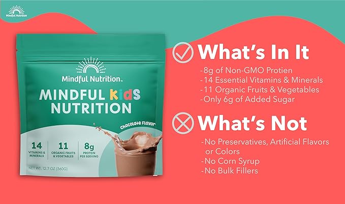 Kids Protein Powder Shake Mix, Organic Fruit and Vegetable Green Superfoods, Vitamins, Minerals, Healthy Chocolate Milk Snack for Toddlers, Kids, Teens and Adults 12.7oz