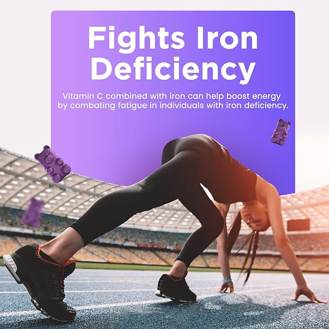 Iron Supplement for Women & Men - Iron Gummies with Vitamin B6, B12, C, Zinc, Folate for Adults & Kids - Support Iron Deficiency, Anemia, Energy Boost, Blood Builder - Sugar Free Vegan 60ct Grape