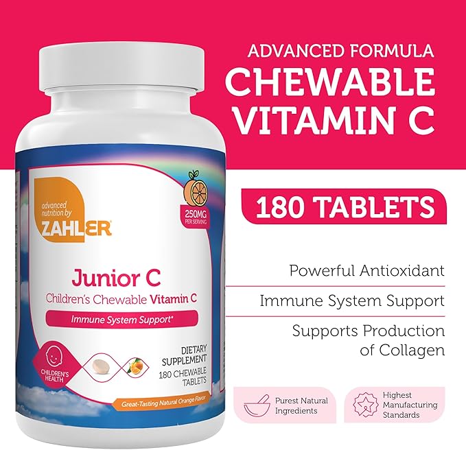 Zahler Junior C Advanced Chewable Vitamin C for Kids - Immune Support Kids Vitamins in Delicious Orange Flavor - Kosher Kids Vitamin C for Immunity - Vitamin C Chewable Antioxidant - (180 Count)