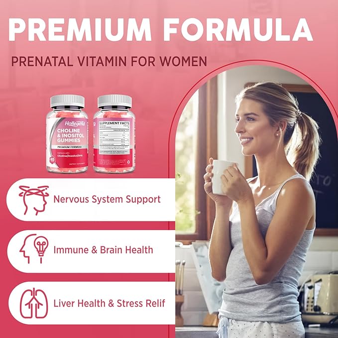 Prenatal Choline Inositol Gummies, Chewable Choline Supplement with DHA, Prenatal Vitamin for Women & Kids, Support Nervous System, Immune & Brain Health, Vegan Strawberry Flavor, Sugar Free, 60 Ct