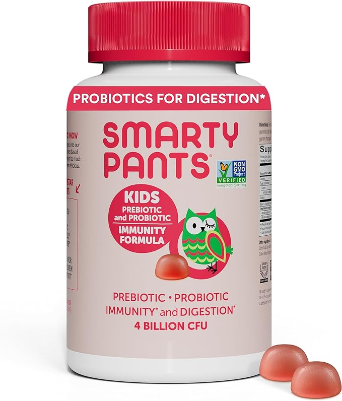 SmartyPants Kids Probiotic & Prebiotic Gummies for Digestive Health: 6 Billion CFU Gut Health Supplement, Clinically Studied Prebiotic for Immune Support, Strawberry, 60 Count (30 Day Supply)