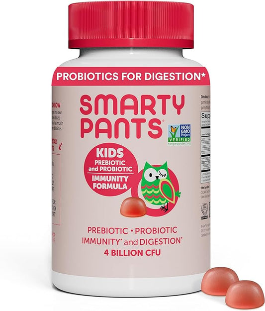 SmartyPants Kids Probiotic & Prebiotic Gummies for Digestive Health: 6 Billion CFU Gut Health Supplement, Clinically Studied Prebiotic for Immune Support, Strawberry, 60 Count (30 Day Supply)