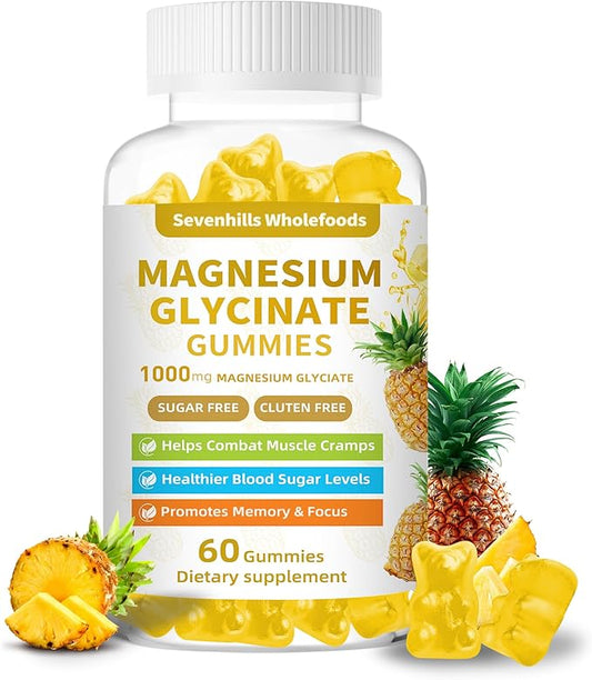 Magnesium Glycinate Gummies 1000mg - Sugar Free Magnesium Potassium Supplement for Relaxation, Calm, Stress Relief, and Sleep Support for Adults & Kids - 60 Pineapple Gummies