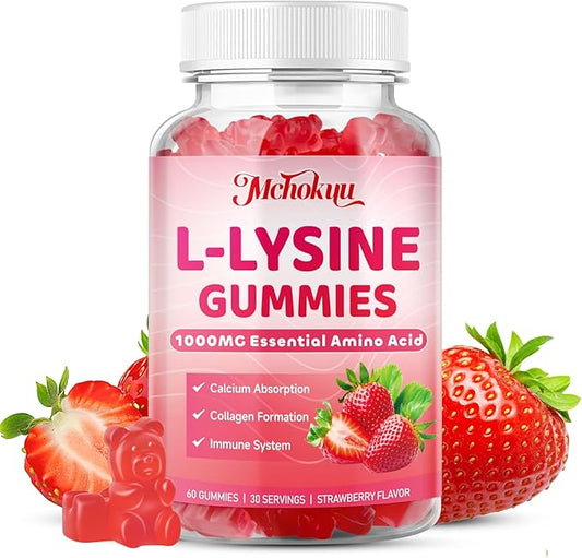 L-Lysine 1000mg Gummies, Chewable Lysine Supplement for Adults & Kids Immune Support, Essential Amino Acid, Vegetarian, Non-GMO, Sugar-Free, Gluten Free, Strawberry Flavor, 60 Counts