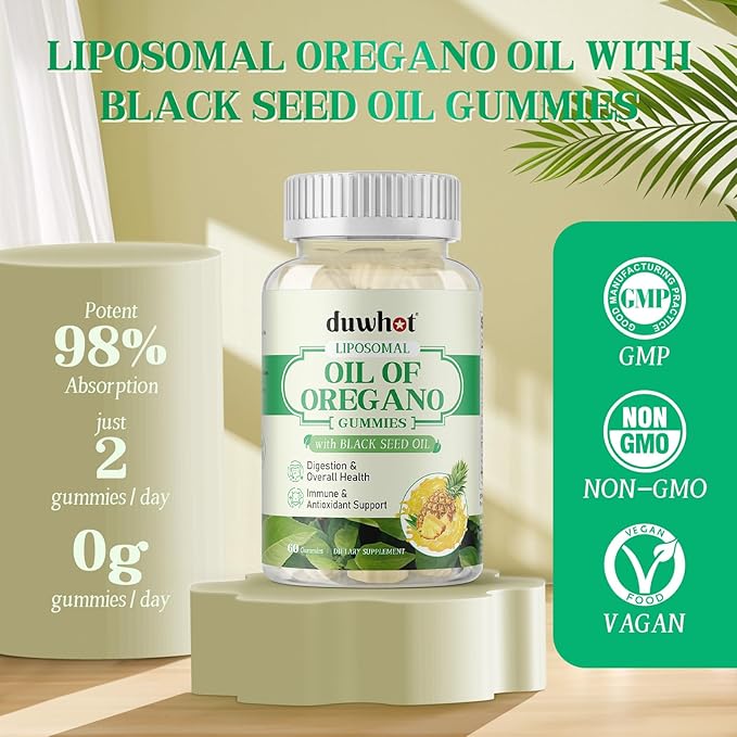 Liposomal Oregano Oil Gummies, Organic Chewable Oil of Oregano with Black Seed Oil for Kids & Adults, Immune System & Gut Health, Natural Pineapple Flavor, 60 Count