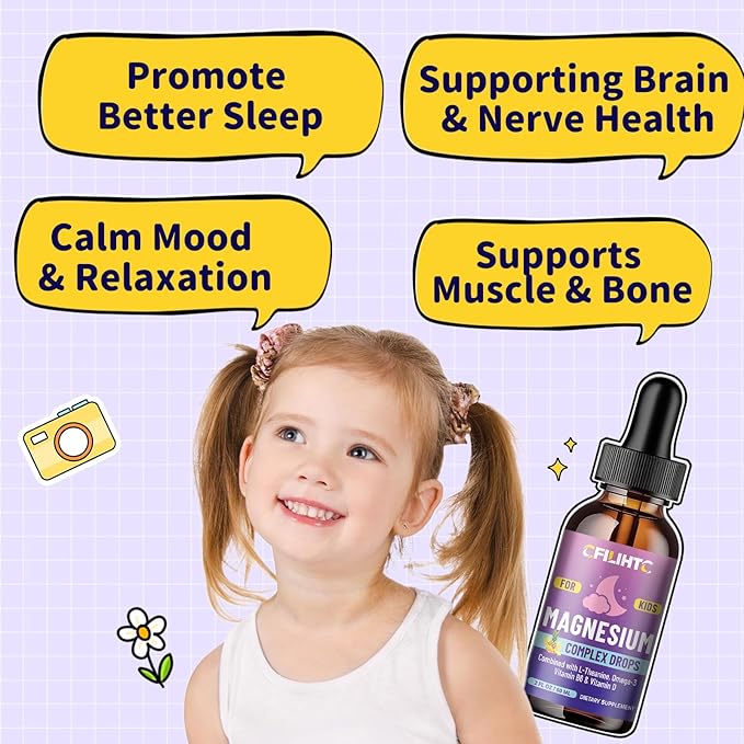 Kids Magnesium Liquid Drops-Magnesium Glycinate Liquid for Kids, L-Threonate Supplement-w/L-theanine, Omega-3, Vitamin B6, D3 - for Sleep, Relaxation, Brain, Bones - Pineapple Flavor, 2 Fl Oz