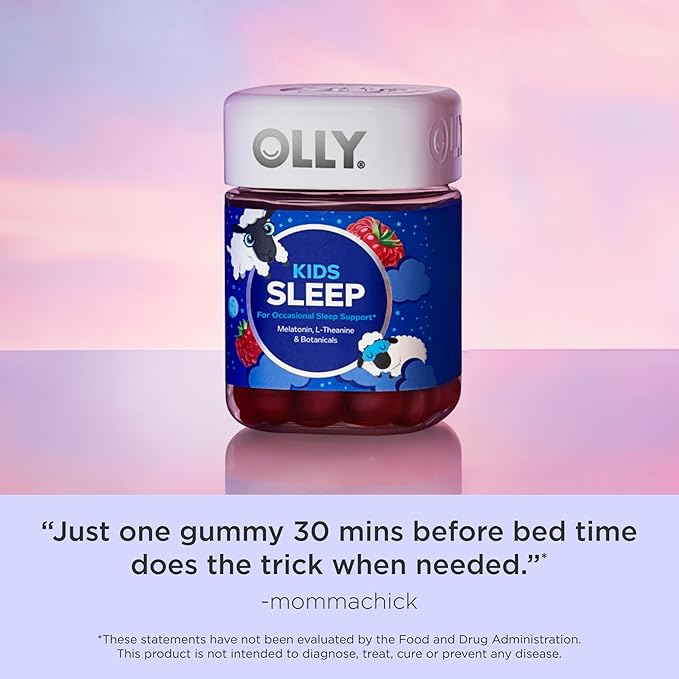 OLLY Kids Sleep Gummy, 0.5mg Melatonin, L Theanine, Chamomile, and Lemon Balm, Childrens Chewable Supplement, Raspberry - 50 Count