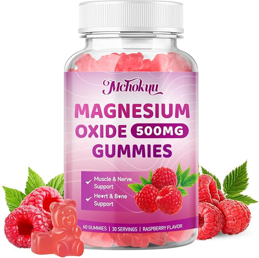 Magnesium Oxide Gummies 500mg, Sugar Free Chewable Magnesium Oxide Supplement for Adults & Kids, Nerve Support & Energy Boost, Non-GMO, Raspberry Flavor, 60 Count