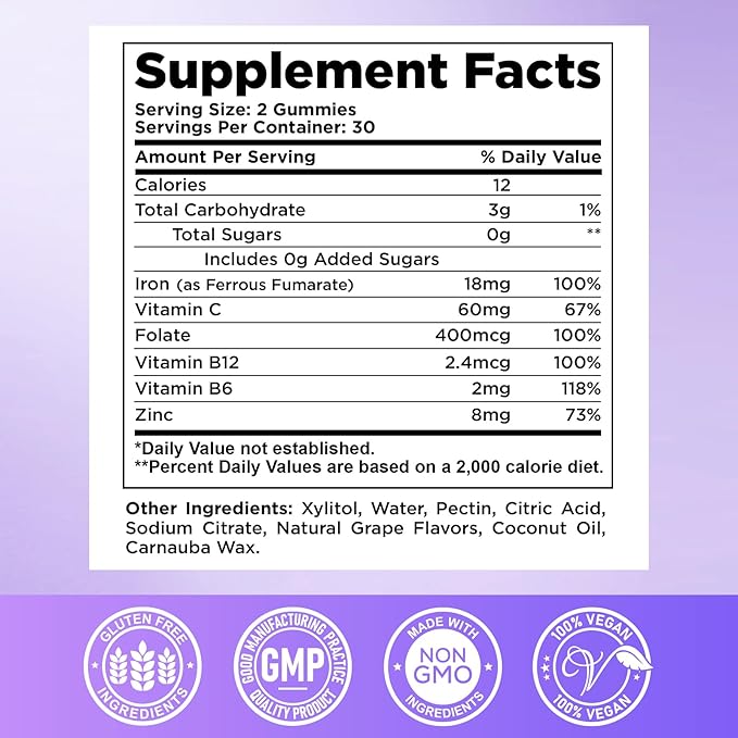 Iron Supplement for Women & Men - Iron Gummies with Vitamin B6, B12, C, Zinc, Folate for Adults & Kids - Support Iron Deficiency, Anemia, Energy Boost, Blood Builder - Sugar Free Vegan 60ct Grape