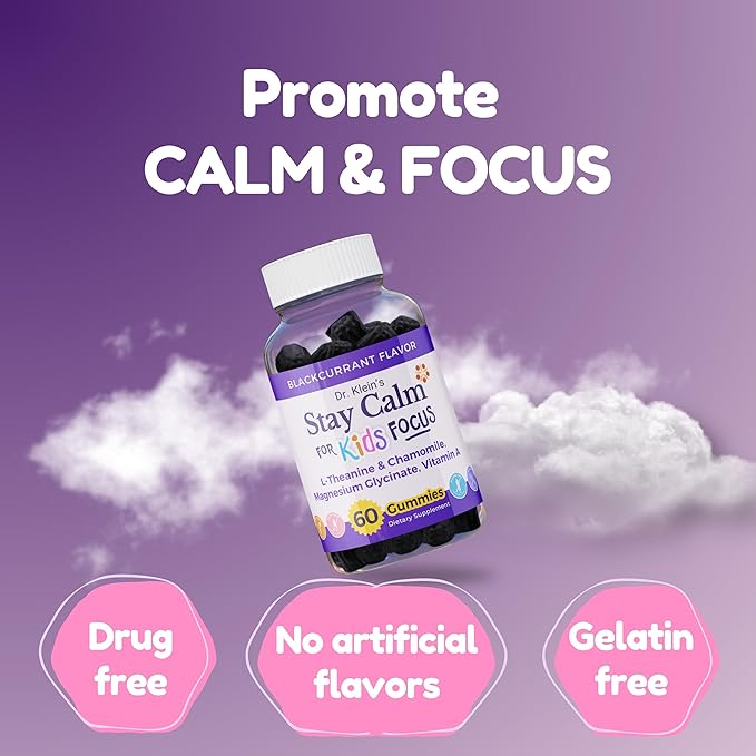 Dr. Klein's Stay Calm Kids Gummies – Magnesium Glycinate + Vitamin A, L-Theanine, Chamomile Extract – Promote Focus & Calm for Ages 5+ – Magnesium Gummies for Kids–Black Currant, Zero Sugar, 60 Count