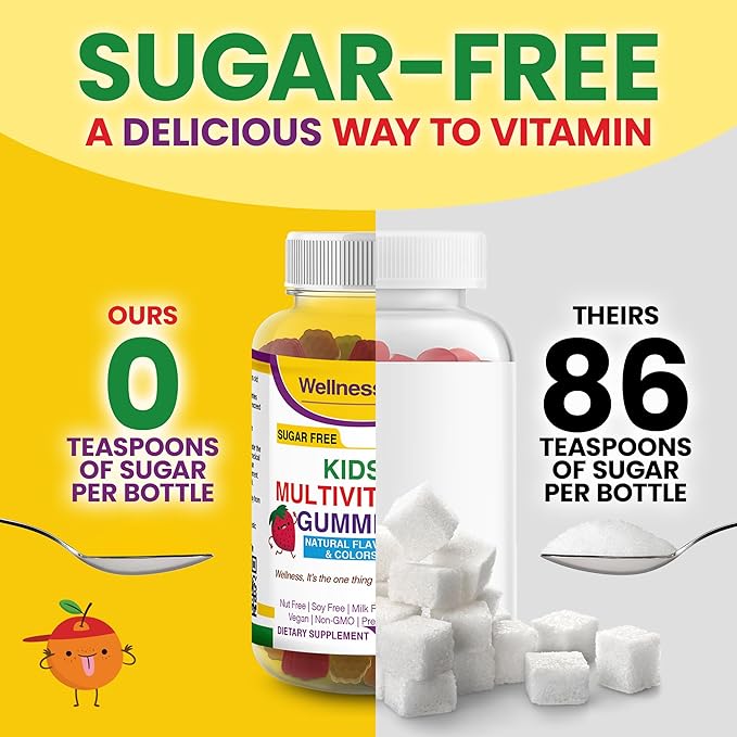 WellnessOne Kids Multivitamin Gummies - Sugar-Free Immune Support Supplement Packed with Vitamin C, B6, B12, Folic Acid & More - Natural Strawberry, Pineapple & Orange Flavors - 60 Gummy Vitamins