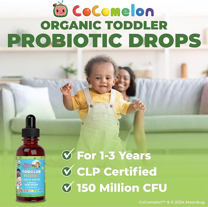 MaryRuth Organics Cocomelon Toddler Probiotic Liquid Drops | Kids Probiotics for Ages 1-3 | 5 Probiotic Strains | 150 Billion CFU Per Serving | USDA Organic | Sugar Free | Gluten Free | 1 Fl Oz