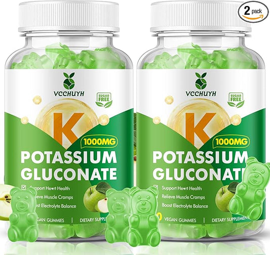 Potassium Gummies 1000mg for Adults & Kids, High Dose Potassium Gluconate Supplement Potassium Gluconate Gummies Support Muscle Cramps Electrolyte Balance, Apple Flavor 120 Count