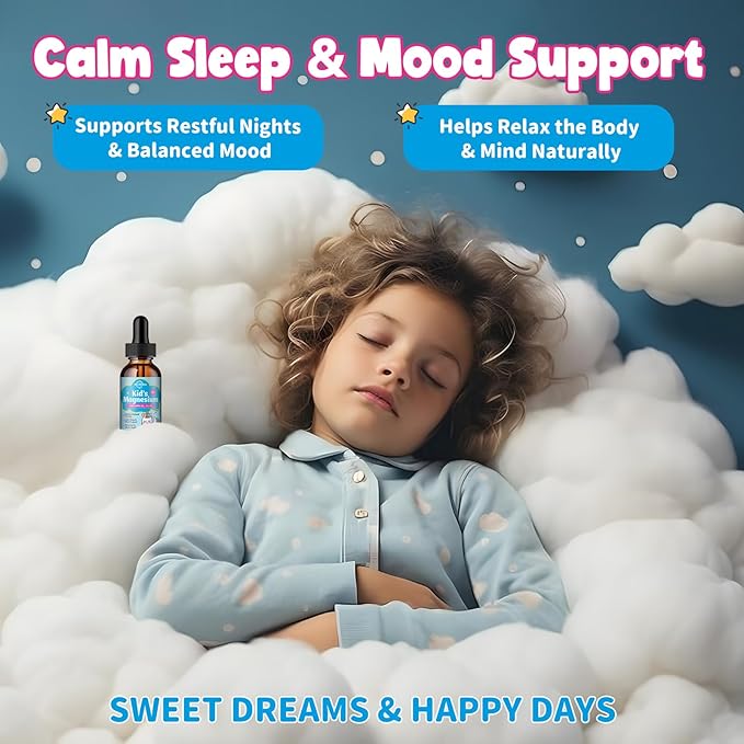 Kids Magnesium Glycinate Liquid Drops with Omega-3, Ashwagandha, Vitamin B6, D3, K2, Calcium & Chamomile - Magnesium Drops for Kids Sleep, Calm, Focus, Brain & Mood - Strawberry Flavor
