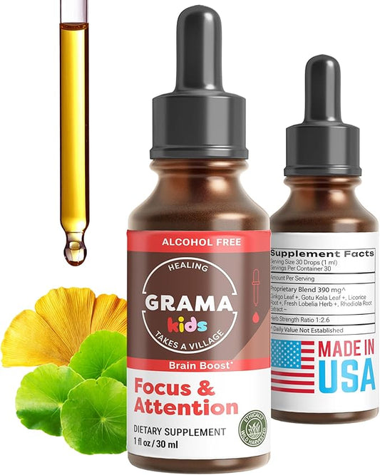 Grama Wellness - Focus & Attention Organic Kids Brain Vitamins & Cognitive Support Drops, ADHD Supplement with Ginkgo Biloba, Rhodiola, Gotu Kola, Licorice Root | Made in USA – 30 Servings