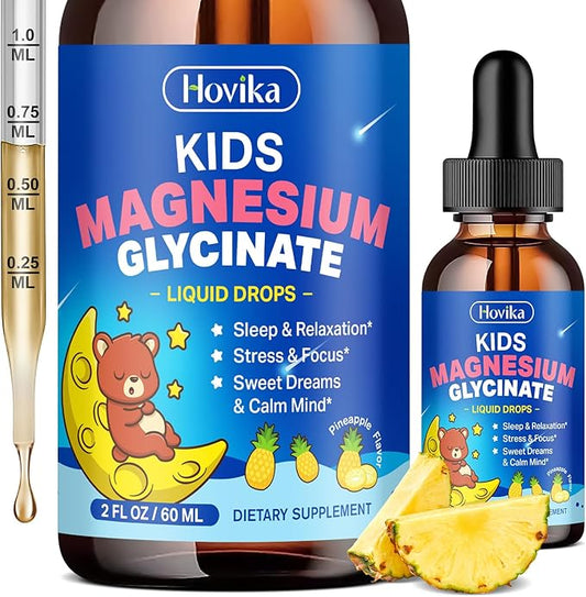 Kids Magnesium Glycinate Liquid with L-Theanine Omega-3, Vitamin B6, D3, Zinc, Magnesium Liquid Drops for Kids Sleep, Relaxation, Calm & Focus, 2 Fl Oz Pineapple Flavor