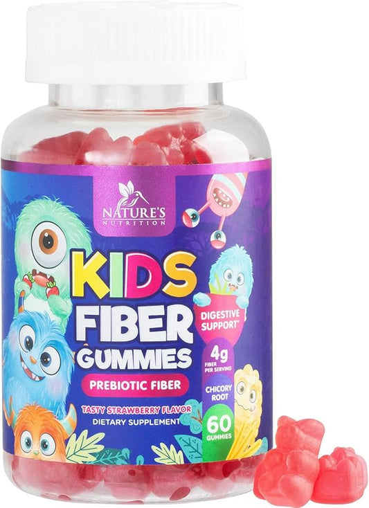 Fiber Gummies for Kids, Daily 4g Gummy Fiber Supplement, Prebiotic Digestive Health Support - Nature's Plant Based Soluble Fiber, Supports Regularity & Digestion for Kids Non-GMO - 60 Gummies