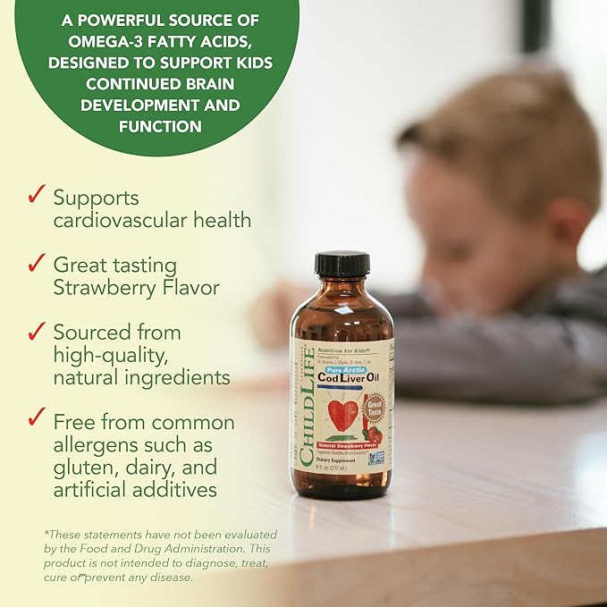 CHILDLIFE Essentials Cod Liver Oil for Kids - Kids Cod Liver Oil Liquid, Arctic Cod Liver Oil for Babies 6+ Months, Toddlers, & Kids, Added DHA, EPA, Omega-3 Fatty Acids - Strawberry, 8 fl oz