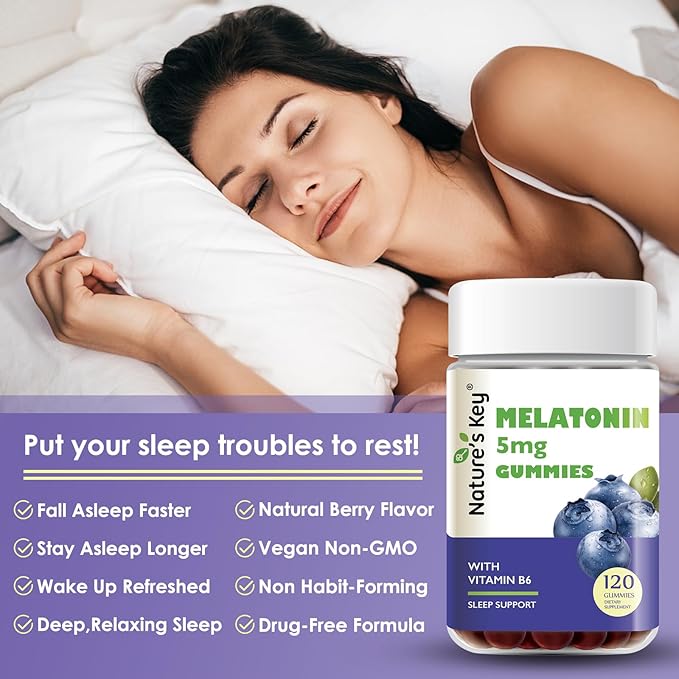 Nature's Key Melatonin Gummies for Kids & Adults, 2.5mg 5mg or 10mg Dose Gummy with Vitamin B6, Natural Blueberry Flavor 120 Ct