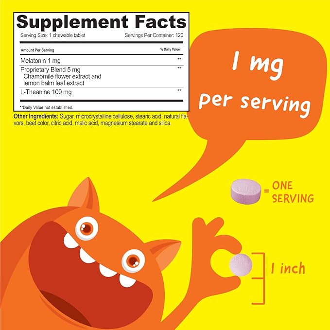 Kids Melatonin 1 mg Chewable with L theanine, Chamomile and Lemon Balm Extract Chewable Tablets - Natural Berry Flavor - for Help Falling and Staying Asleep - for Children - 120 Chewables