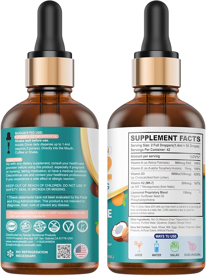 Vitamin D3 Drops for Adults & Kids, Liposomal Vitamin D3 K2 MK-7 w/ Vitamin A & E - High Absorption Liquid K2 D3 Vitamin Supplement for - Calcium Absorption, Strong Bones, Teeth & Immune Health 2 Pack