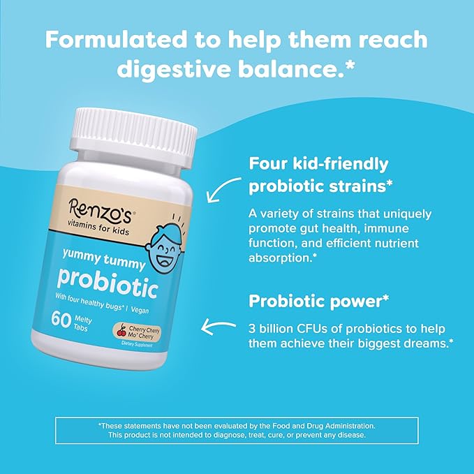 Renzo's Kids Probiotic, Dissolvable Probiotics for Digestive Health & Immune Support, 60 Cherry-Flavored Melty Tabs